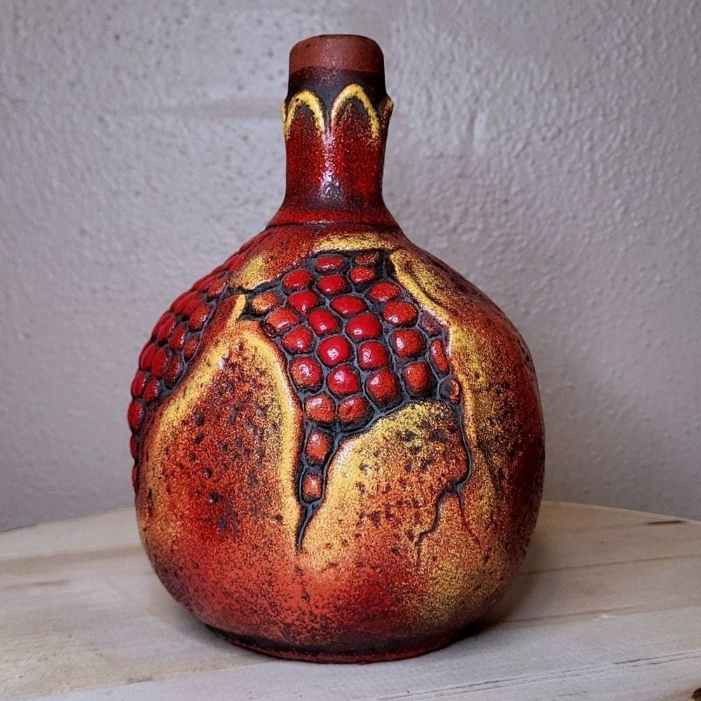 Vintage Pomegranate Art Pottery Vase Red Orange Textured Ceramic 7"